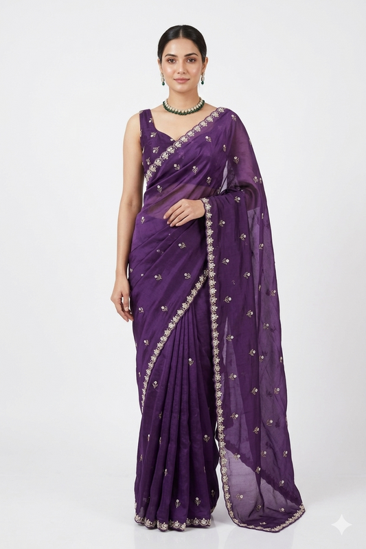 Violet soft organza silk saree with intricate embroidery and unstiched blouse, perfect for party wear by Saarang Sarees.
