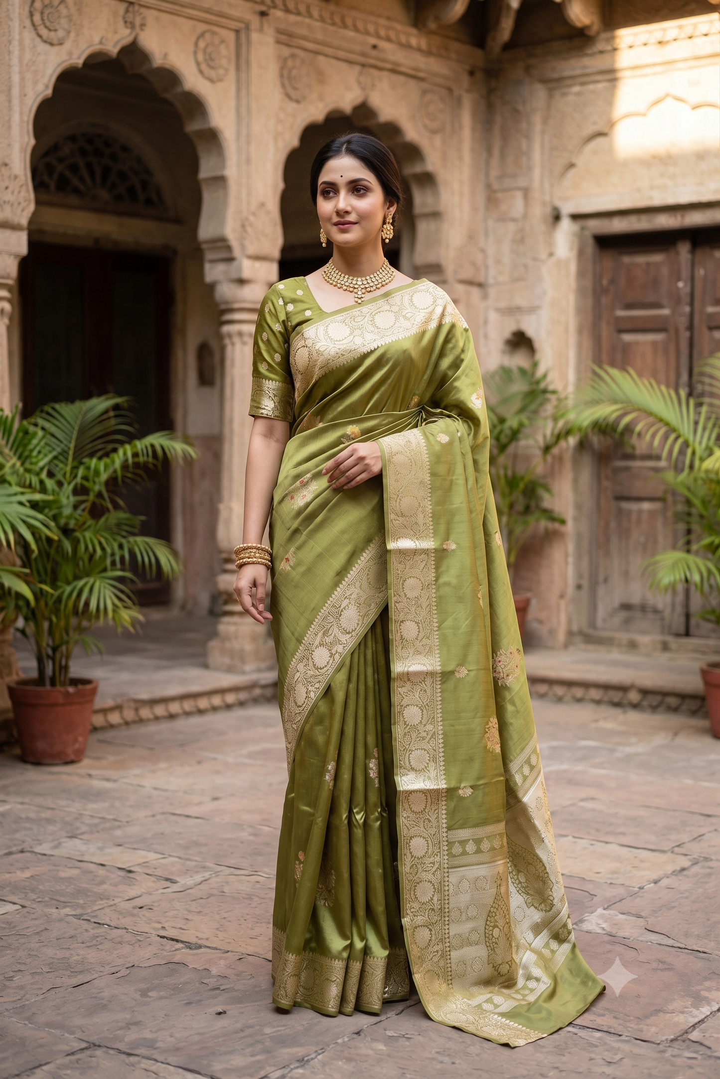 Pista Green Chiniya Silk Saree Hand Woven Butas, With Unstiched Blouse