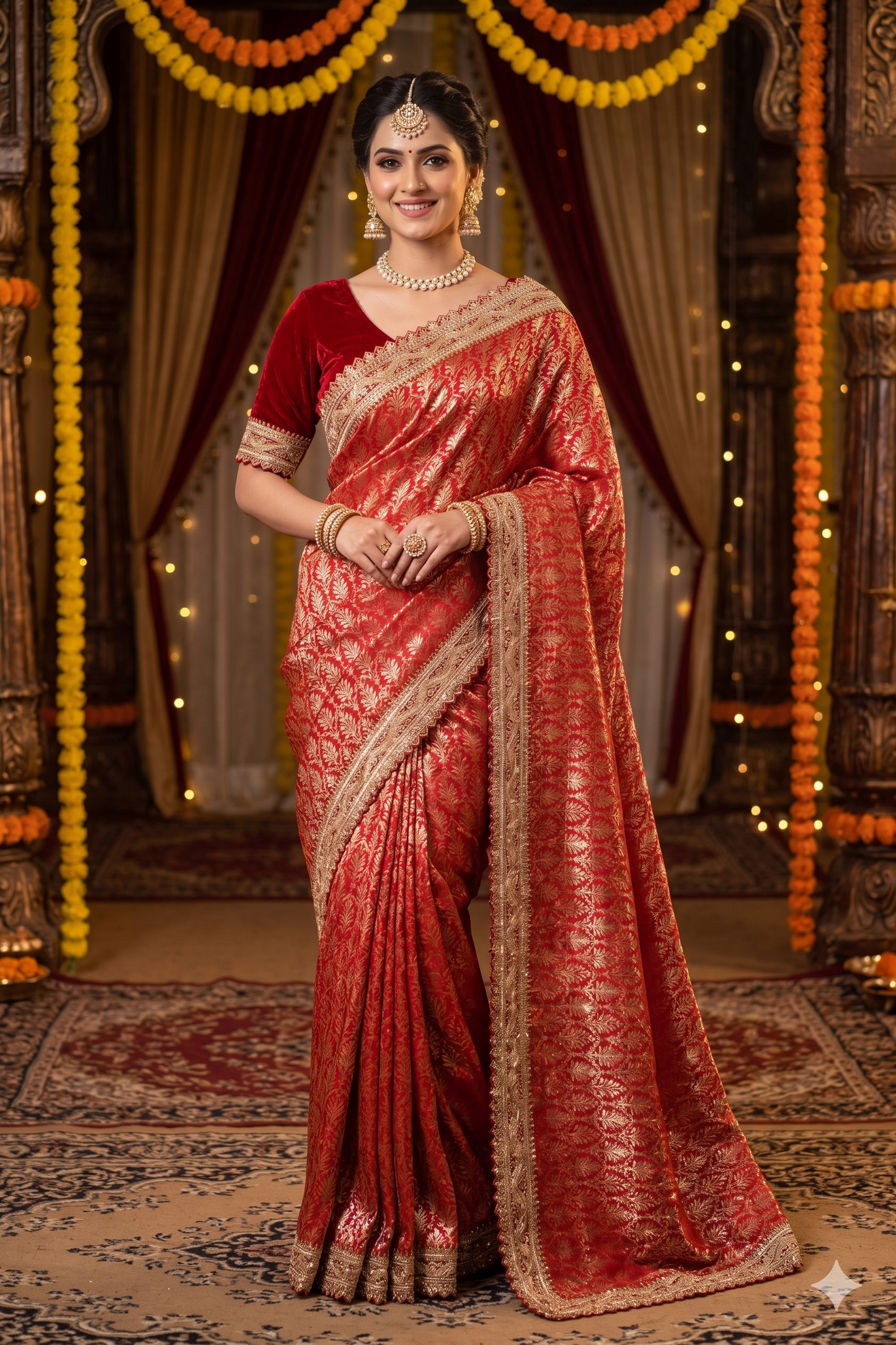 Cherry Red Banarasi Silk Saree With Zardosi Embroidery Work, With Unstiched Blouse