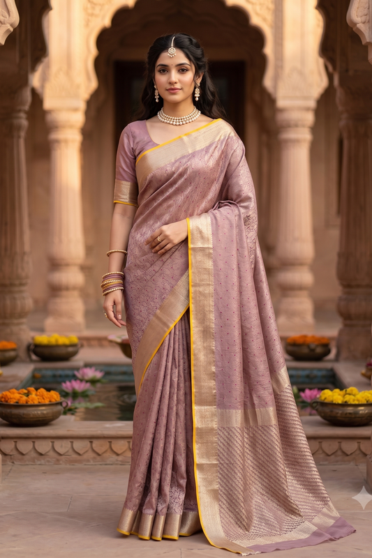 Mauve Mysore Crepe Silk Banarasi Saree, With Unstiched Blouse