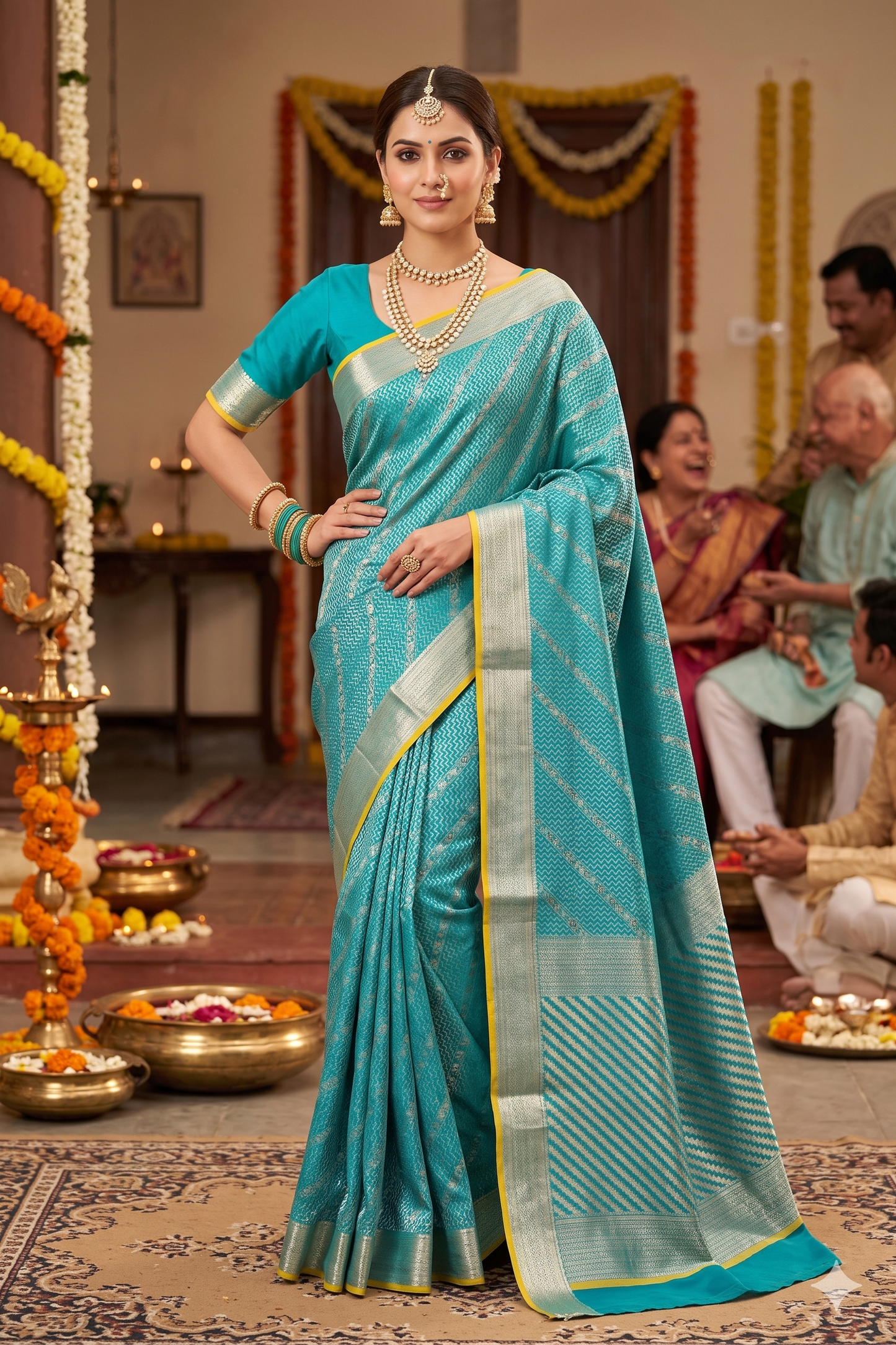 Firozi Mysore Crepe Silk Banarasi saree with intricate gold zari work and matching unstiched blouse, traditional Indian attire.