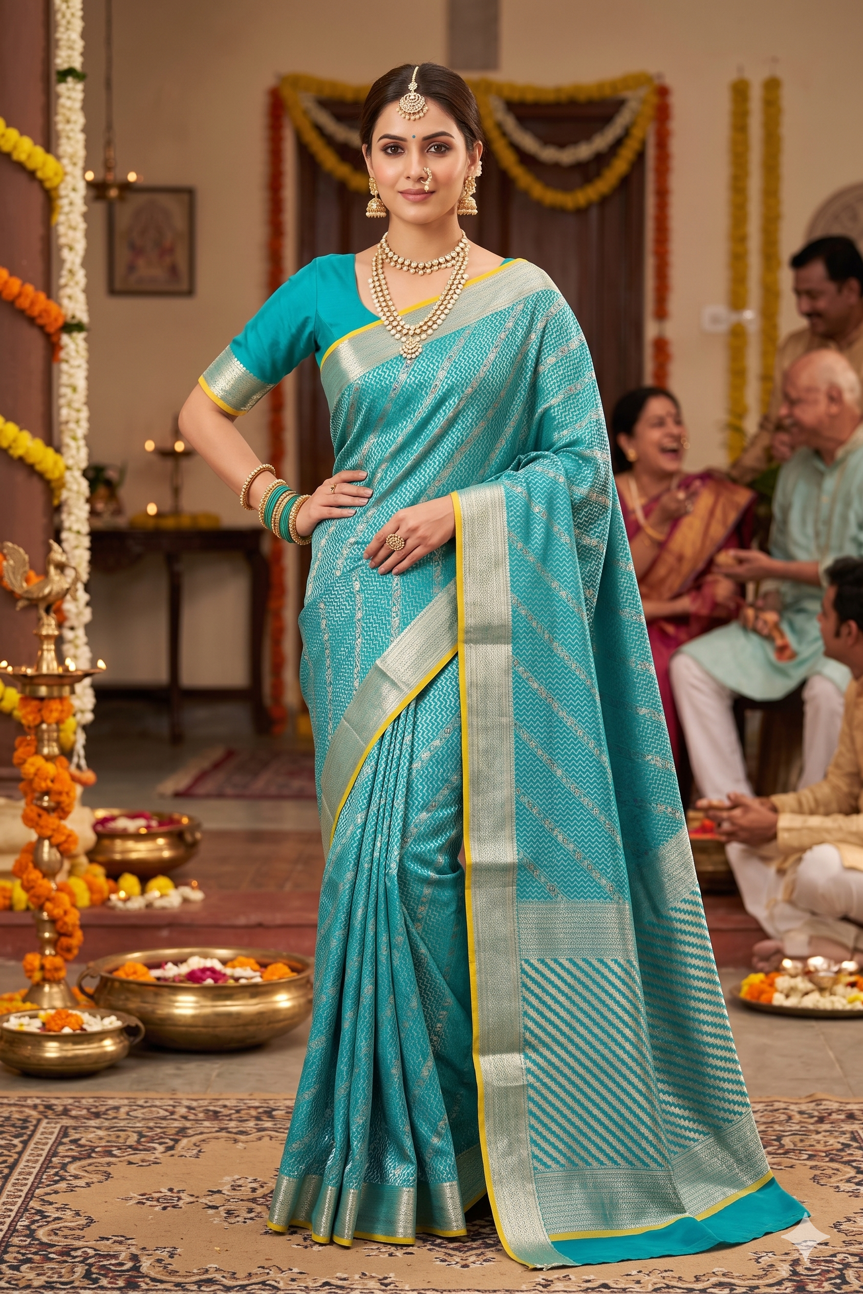 Firozi Mysore Crepe Silk Banarasi saree with intricate gold zari work and matching unstiched blouse, traditional Indian attire.