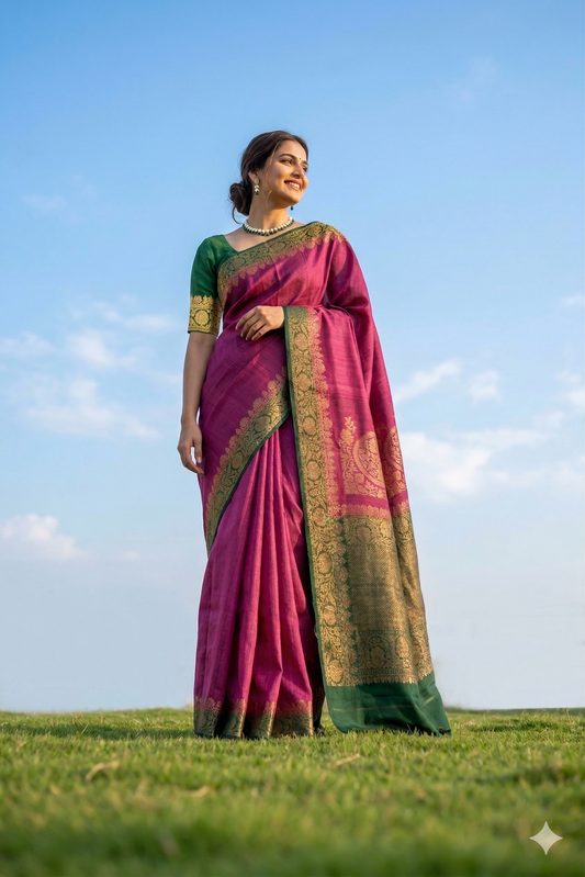 Purple Tussar Banarasi silk saree with hand-woven motifs and an unstitched blouse, traditional wear by Saarang Sarees.