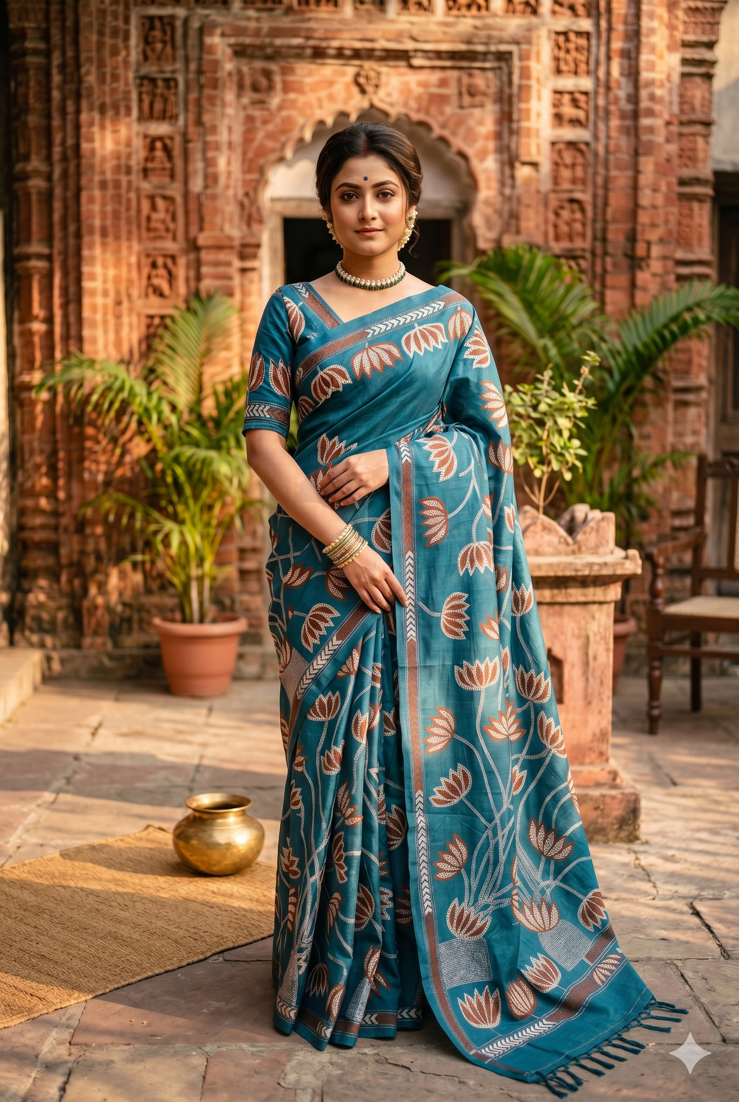 Royal Blue Tussar Embroidery Saree With Kantha Work Border, With Unstitched Blouse