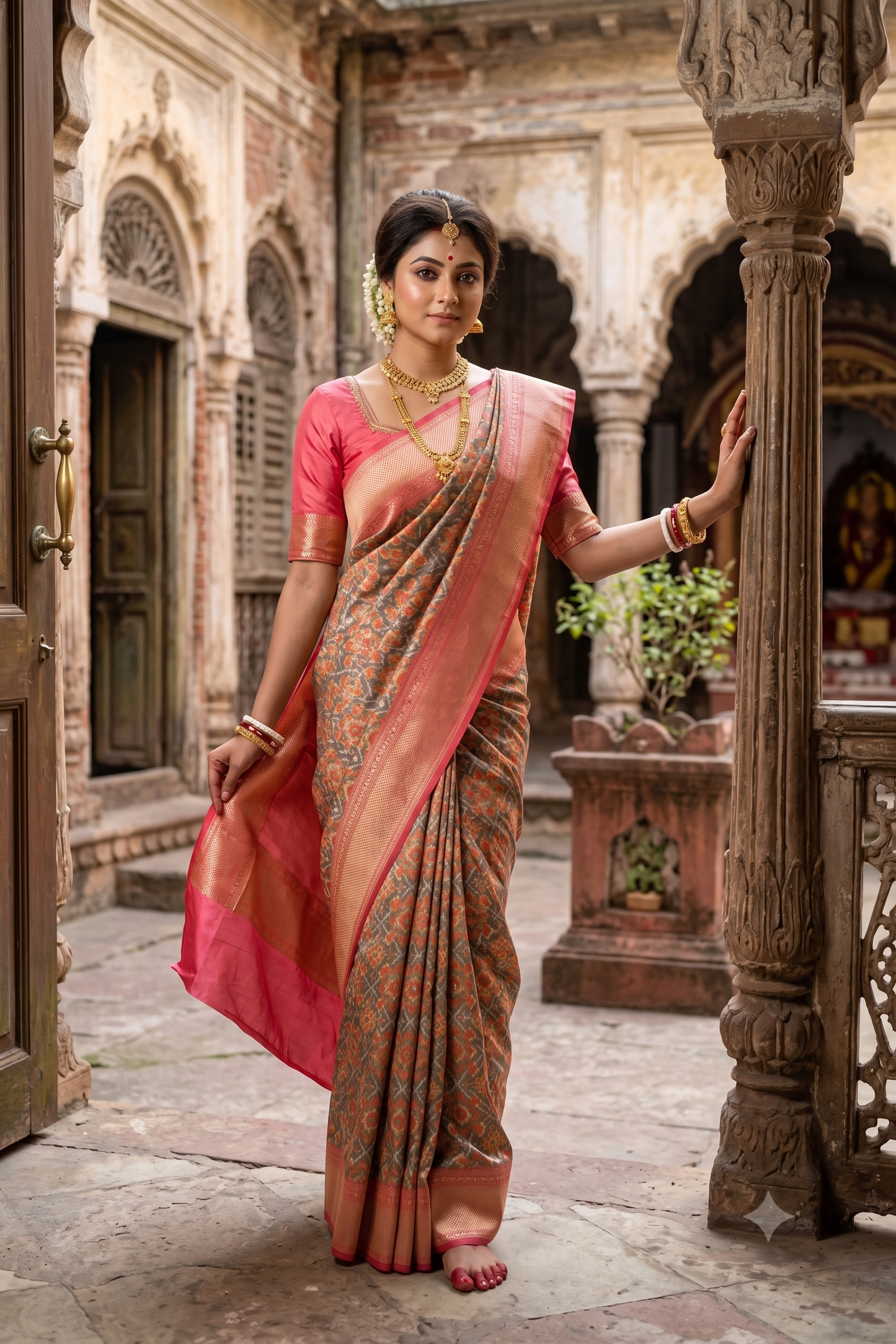 Grey & Multi Banarasi Silk Saree With Patola Concept, With Unstiched Blouse