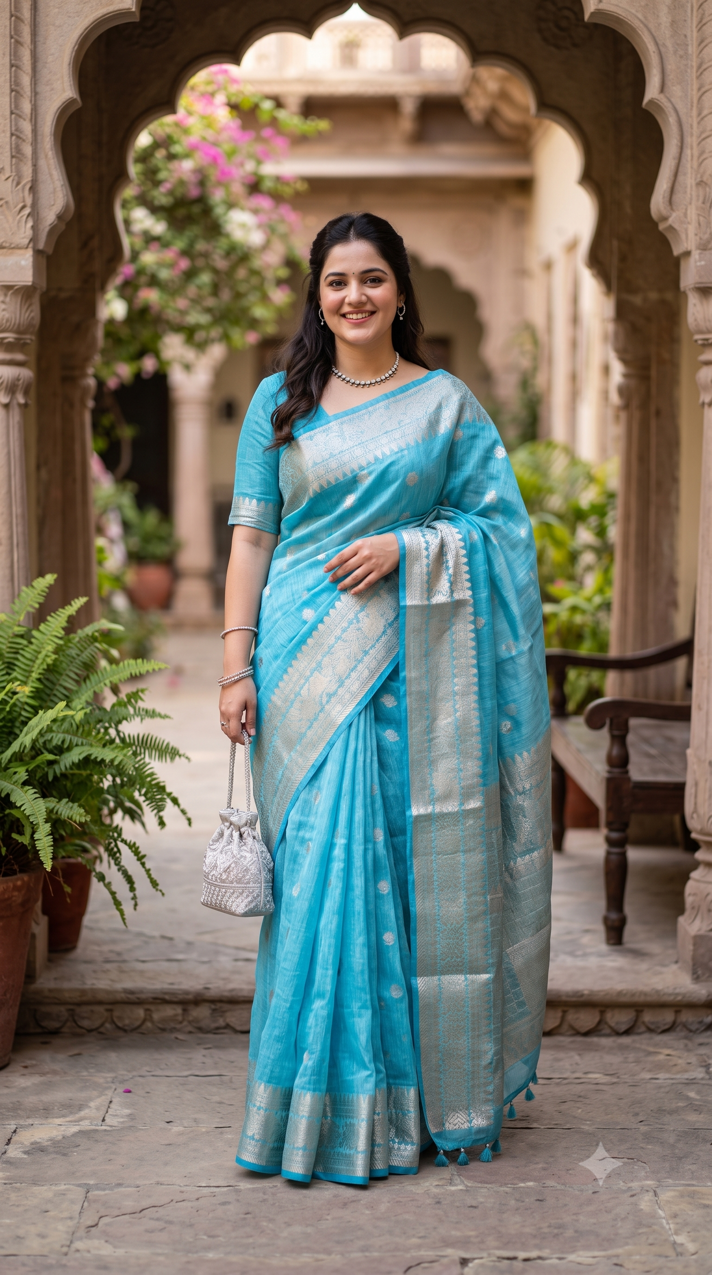 Sky Blue Linen Banarasi Saree With Unstiched Blouse