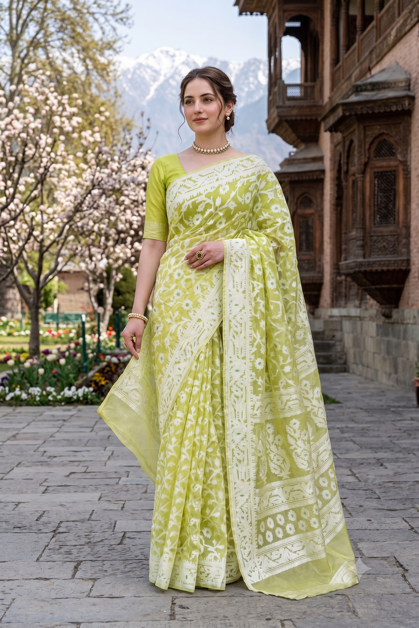 Lime Green Muslin Jamdani Saree, With Unstiched Blouse
