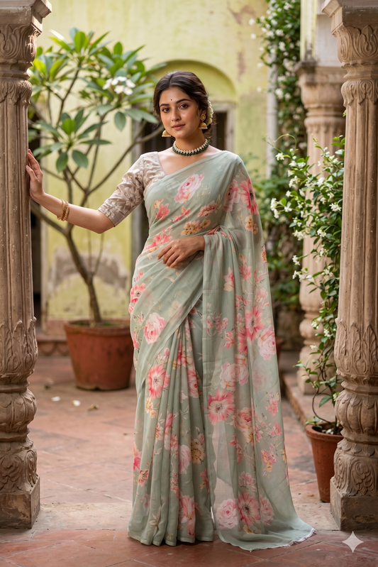 Pista green floral printed chiffon saree with unstiched blouse piece, perfect for party wear by Saarang Sarees.