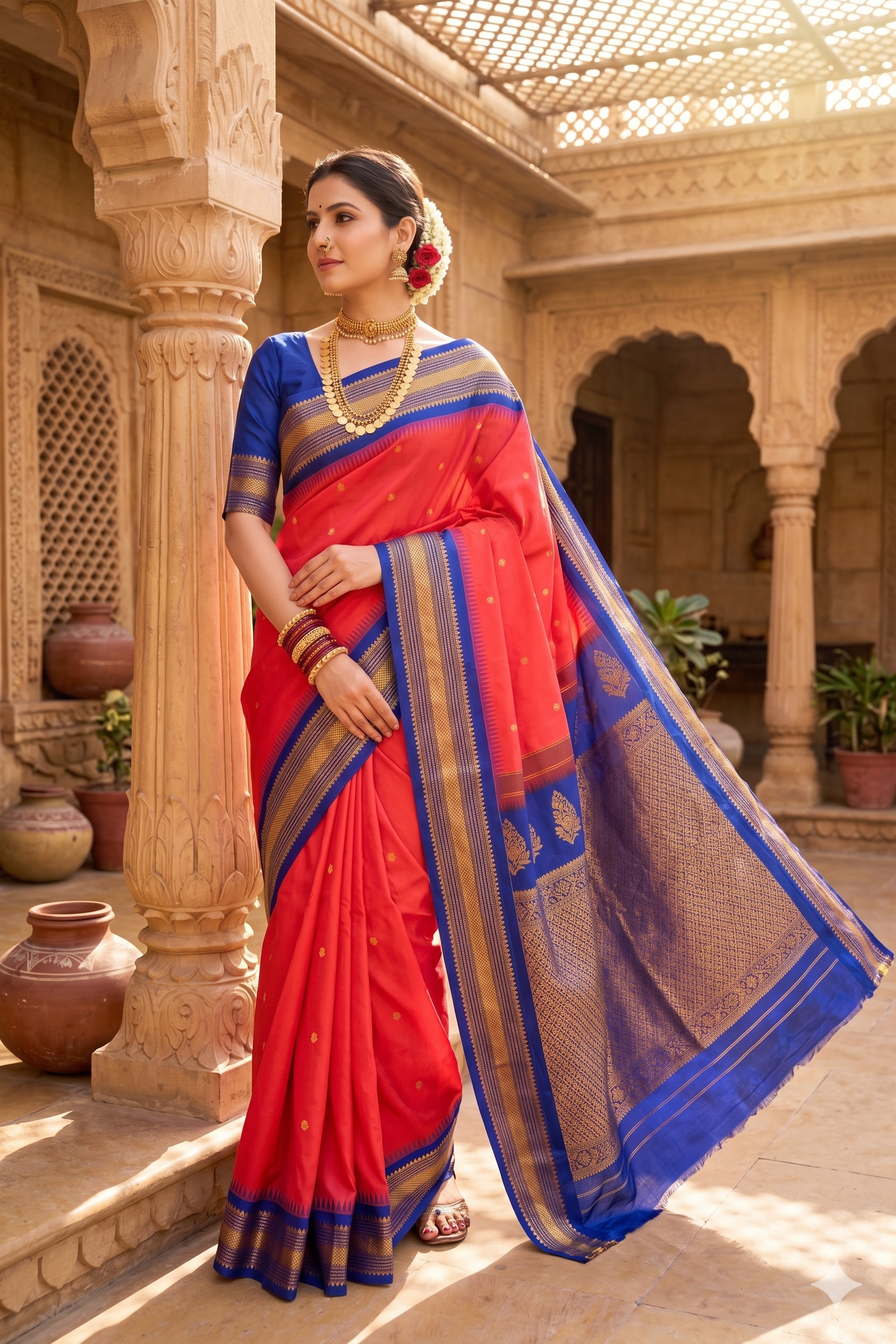 Magenta Gadwal silk saree with traditional gold zari patterns and matching unstitched blouse, worn for festive occasions.