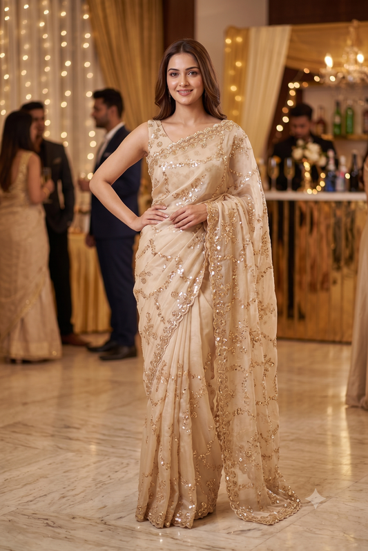 Golden Beige Soft Tissue Organza Silk Embroidery Saree, With Unstiched Blouse