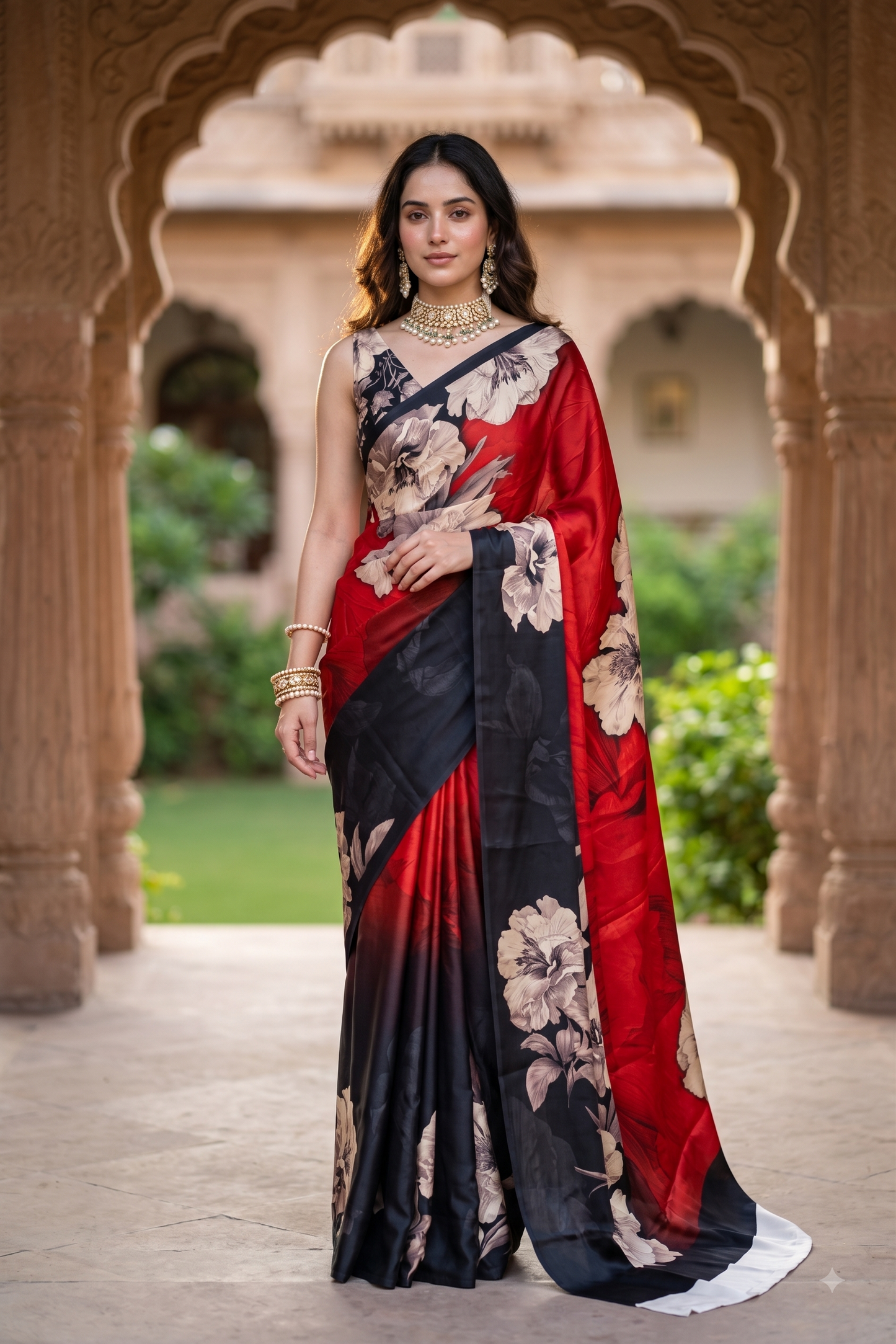 Red & Black Floral Printed Satin Crepe Saree, With Unstiched Blouse