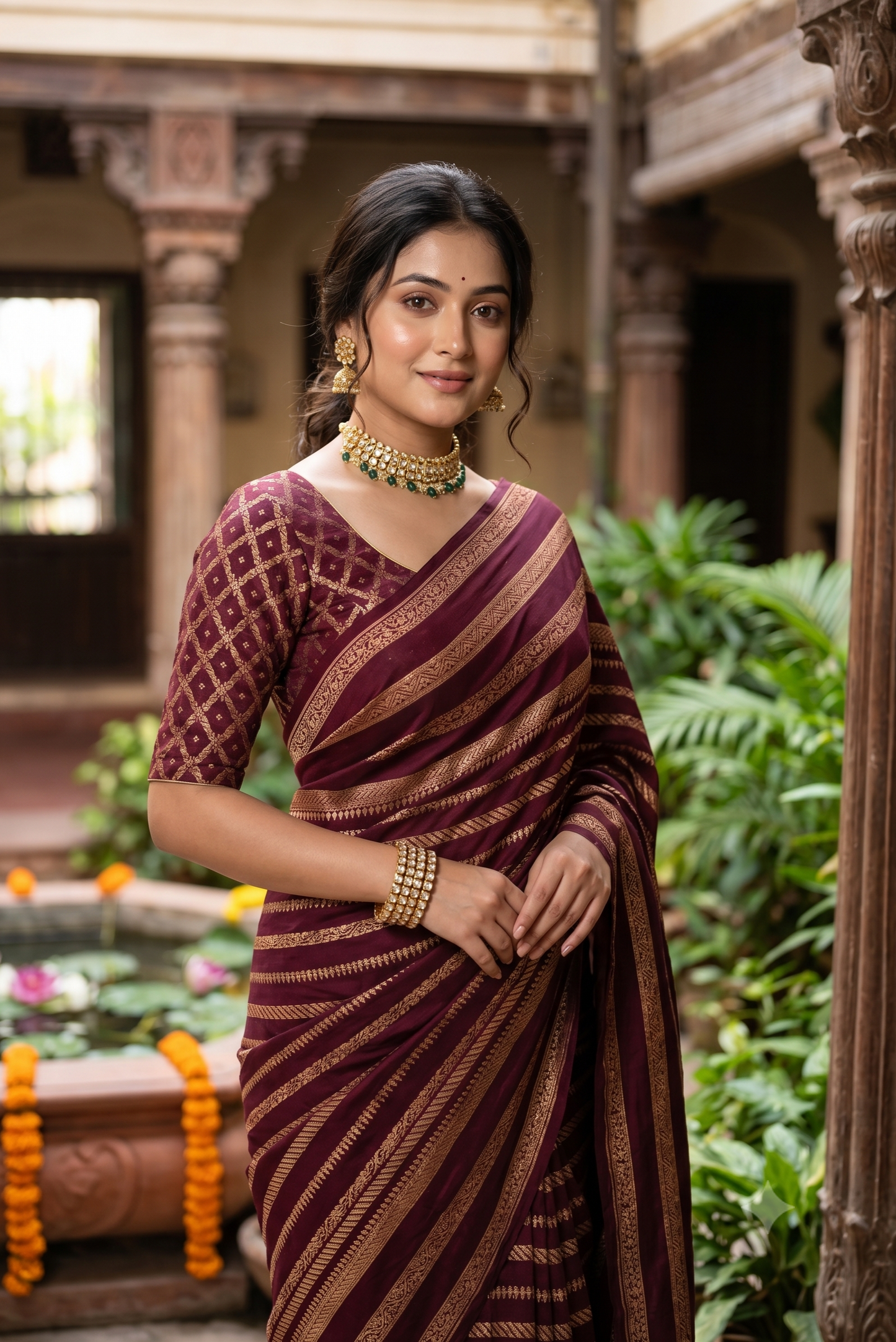 Deep Wine Mysore Crepe Silk Banarasi Saree, With Unstiched Blouse