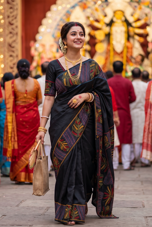 Black Tussar Embroidery Saree With Lambani Work Border, With Unstitched Blouse