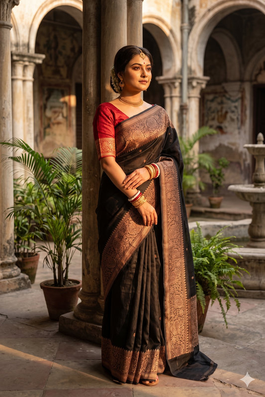 Black pure raw Tussar Banarasi silk saree with hand-woven motifs and an unstitched blouse from Saarang Sarees.