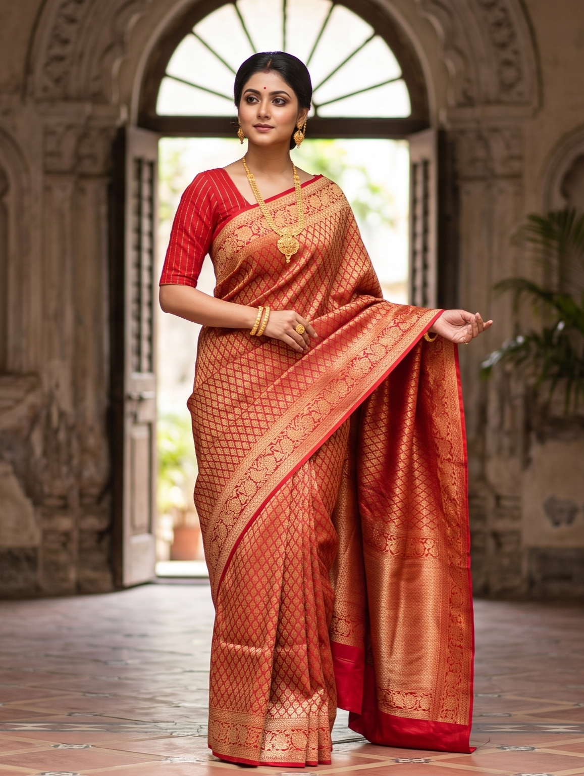 Red Brocade Kora Banarasi Silk Saree, With Unstiched Blouse