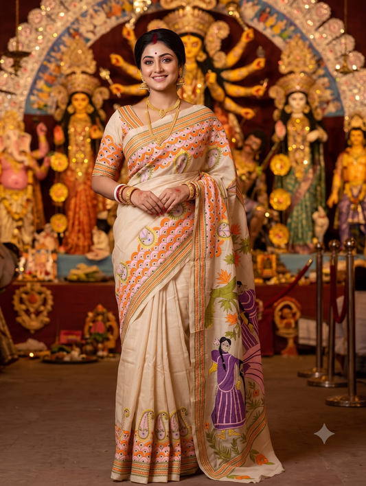 Beige Tussar Embroidery Saree With Kantha Work Border, With Unstitched Blouse
