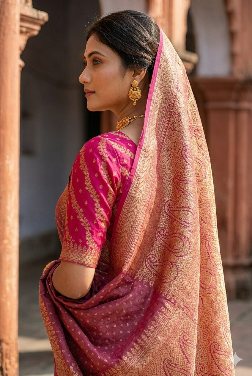 Mauve pink crepe Khaddi Banarasi silk saree with intricate gold zari work and an unstiched blouse, traditional Indian wear by Saarang Sarees.