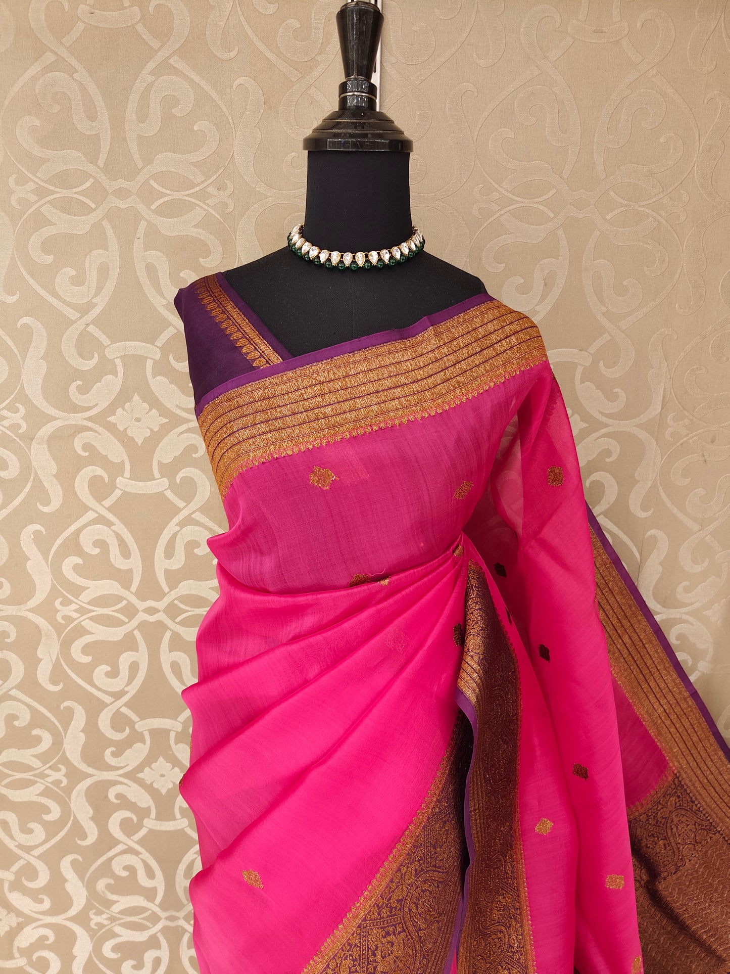Rani Pink Kora Banarasi Silk Saree, With Unstiched Blouse