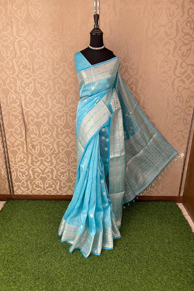 Sky Blue Linen Banarasi Saree With Unstiched Blouse