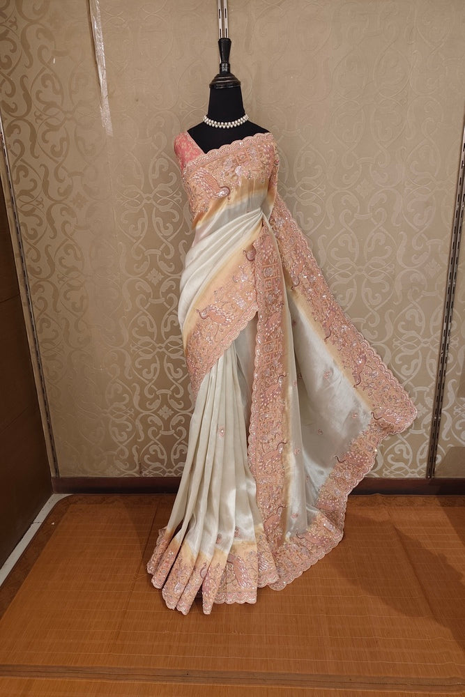 Off-White Tissue Kanjeevaram Silk Sarees With Embroidery Work, With Unstiched Blouse