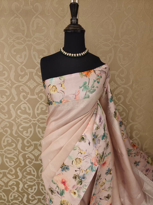 Off-White Tussar Banarasi Saree With Digital Mashru Border Print, With Unstiched Blouse