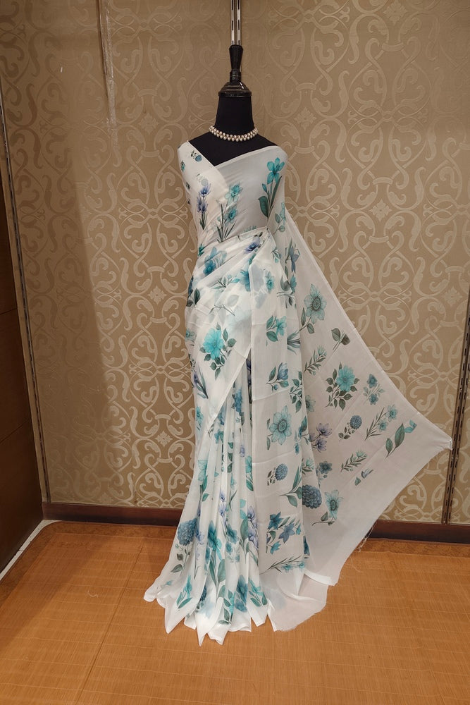 Off-White Floral Printed Chiffon Saree, With Unstiched Blouse Piece