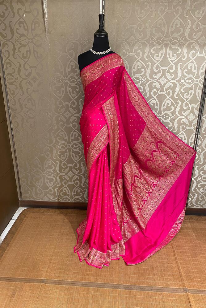 Rani Crepe Khaddi Banarasi Silk Saree With Unstiched Blouse