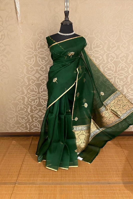 Bottle Green Kora Banarasi Silk Saree With Hand Weving Work, With Unstiched Blouse