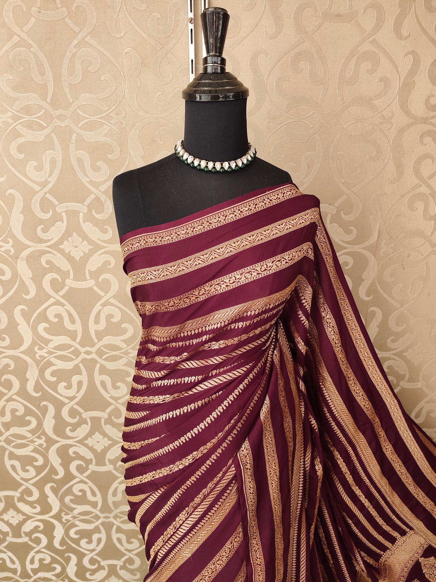 Deep Wine Mysore Crepe Silk Banarasi Saree, With Unstiched Blouse