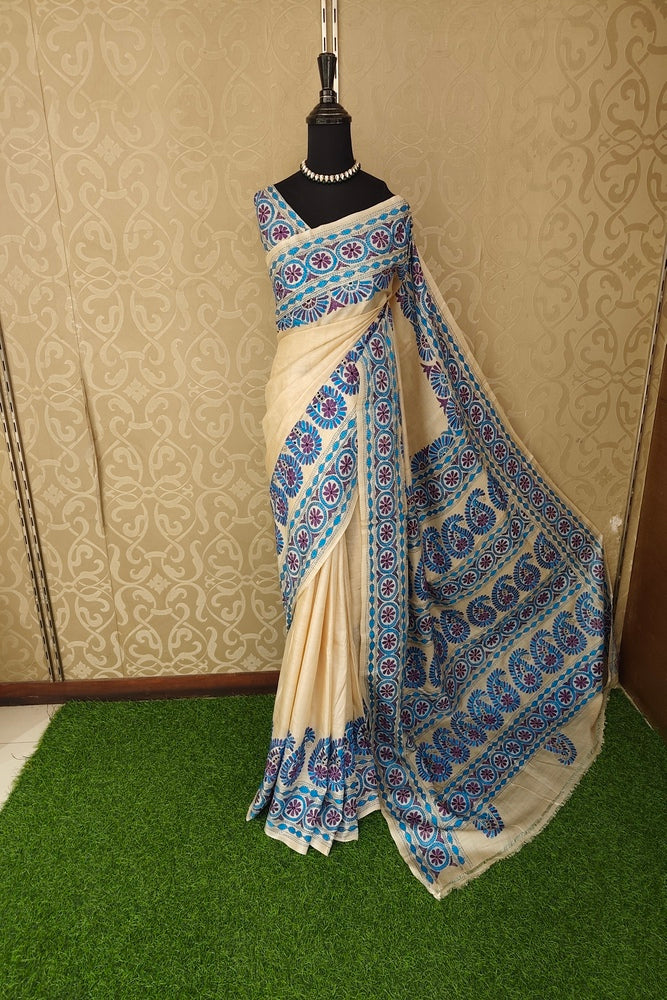 Off-White Tussar Embroidery Saree With Kantha Work Border, With Unstitched Blouse