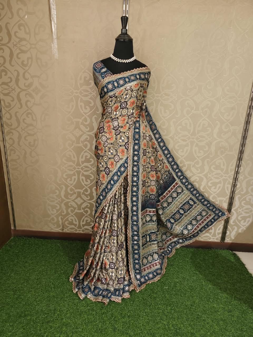 Multi Pure Modal Silk Ajrakh Printed Embroidery Saree With Unstiched Blouse