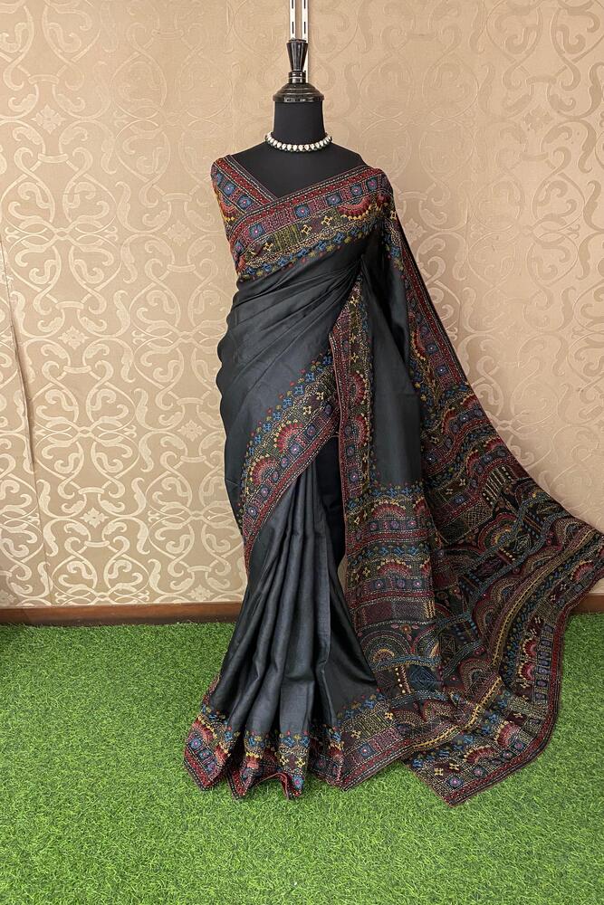 Black Tussar Embroidery Saree With Lambani Work Border, With Unstitched Blouse