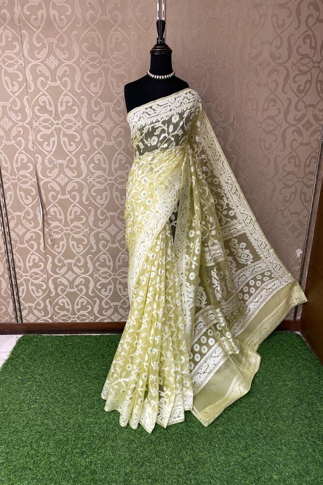 Lime Green Muslin Jamdani Saree, With Unstiched Blouse