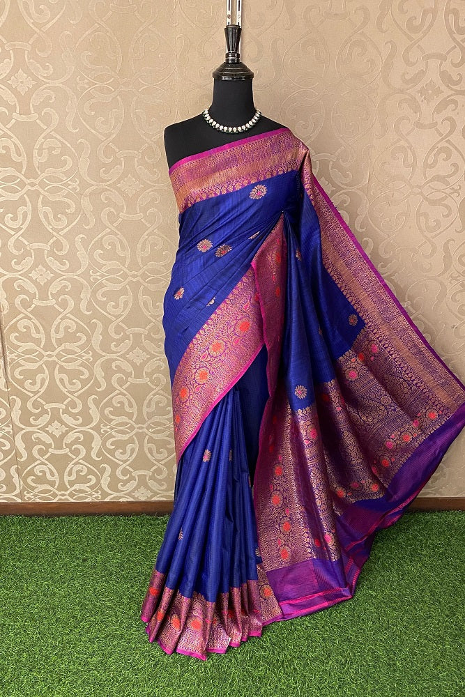 Deep Blue Dupion Tussar Silk Saree, With Unstiched Blouse