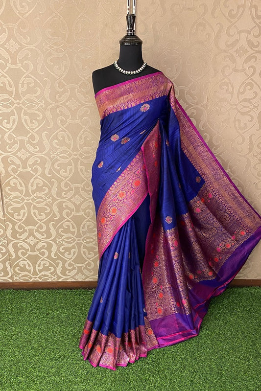 Deep Blue Dupion Tussar Silk Saree, With Unstiched Blouse
