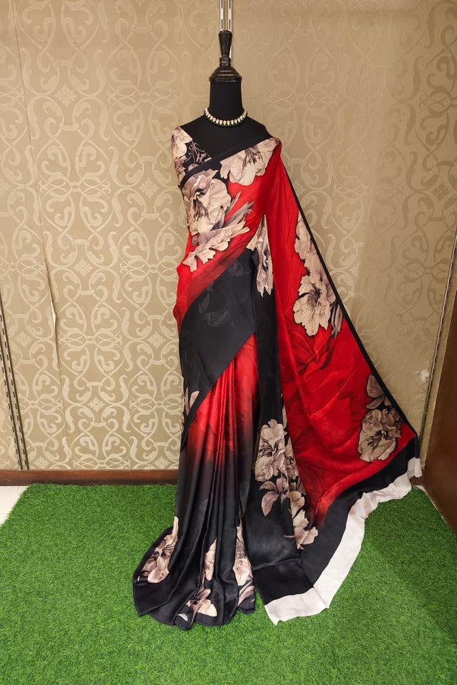 Red & Black Floral Printed Satin Crepe Saree, With Unstiched Blouse