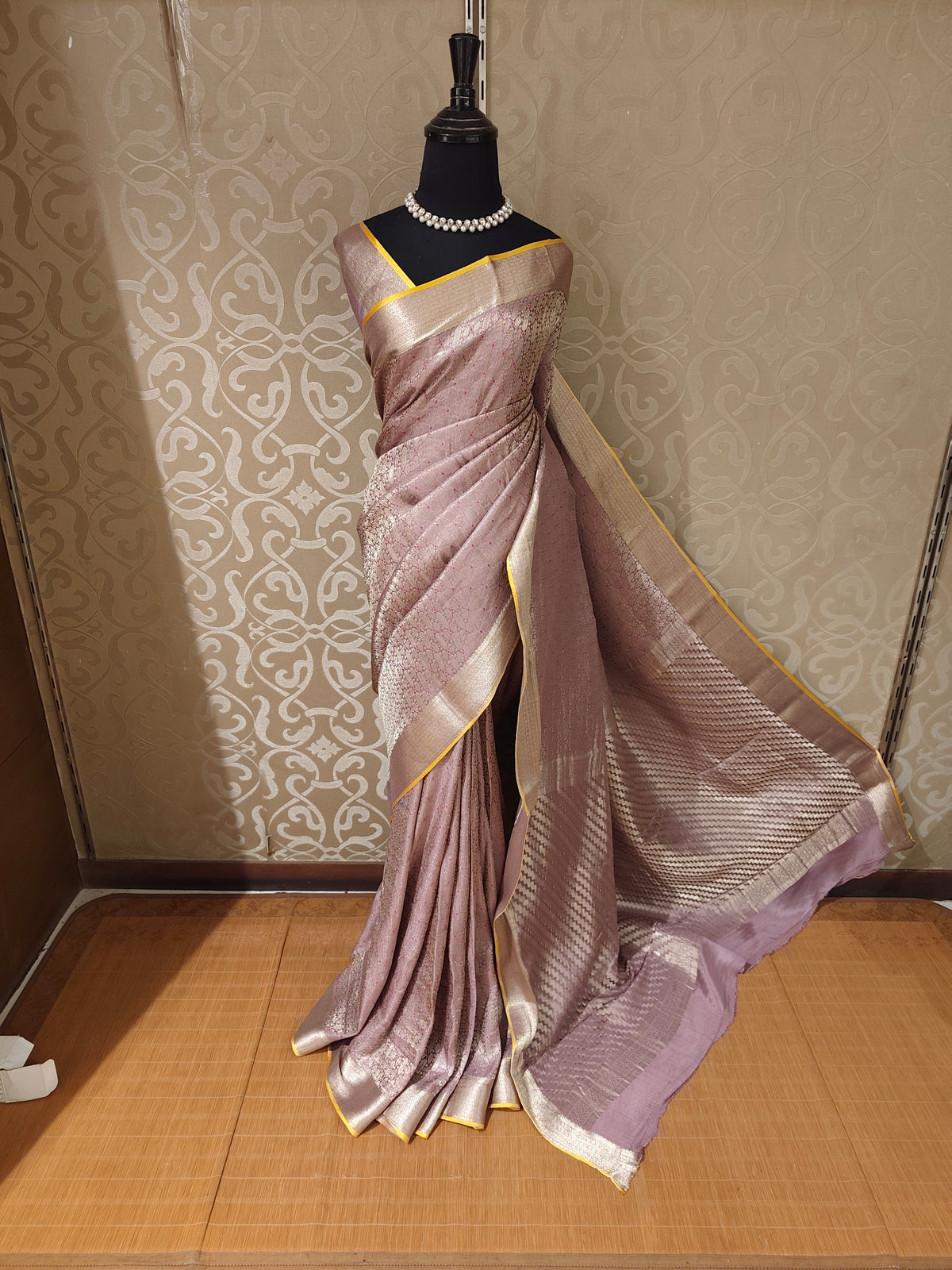 Mauve Mysore crepe silk Banarasi saree with intricate gold zari work and matching unstiched blouse, traditional Indian wear by Saarang Sarees.