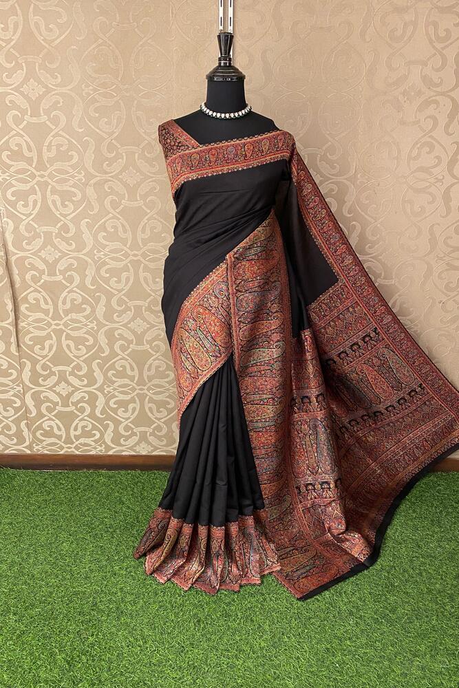 Black Pure Kani Handloom Silk Saree With Unstiched Jamewar Woven Blouse