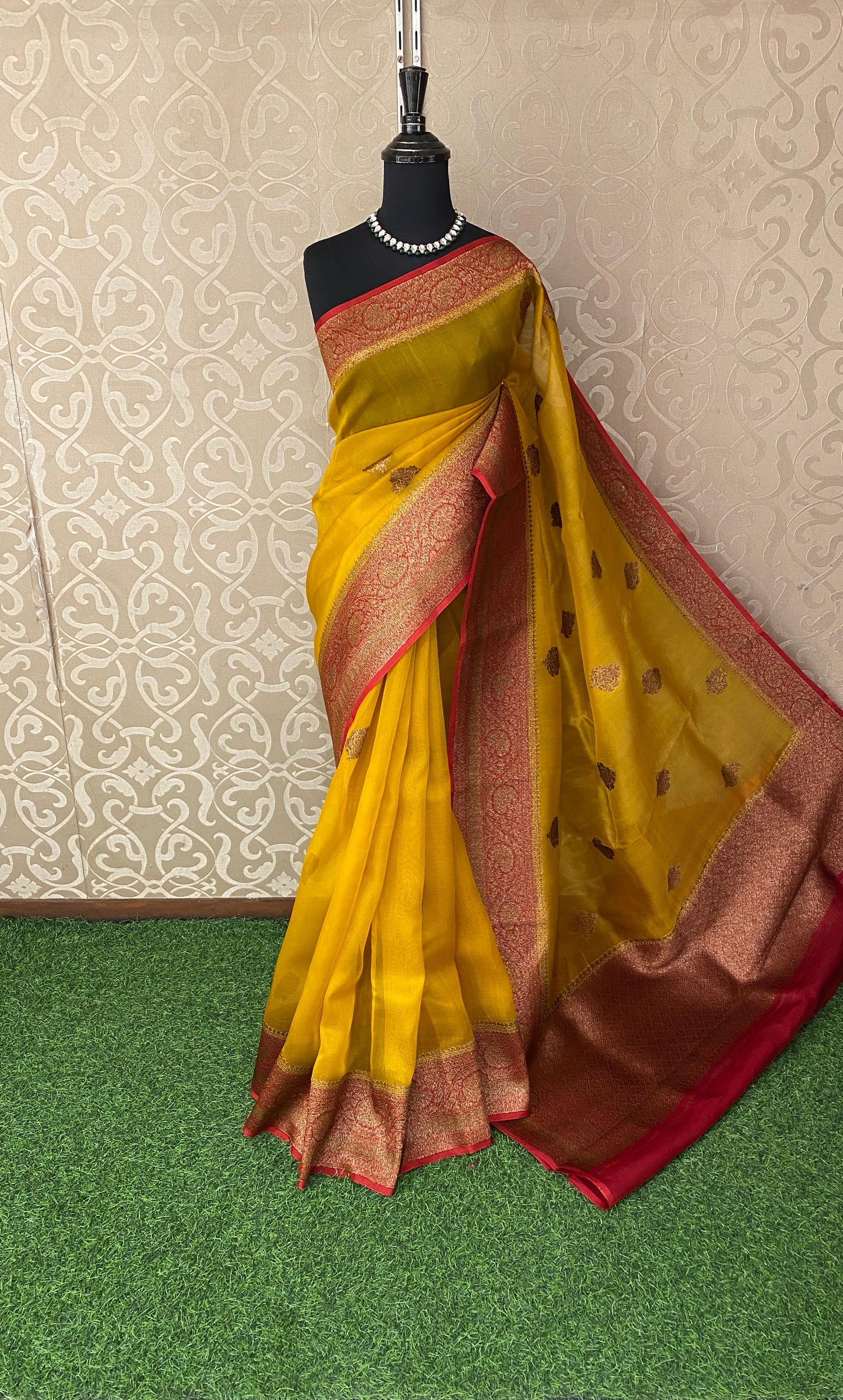 Mustard Yellow Kora Banarasi Silk Saree, With Unstiched Blouse