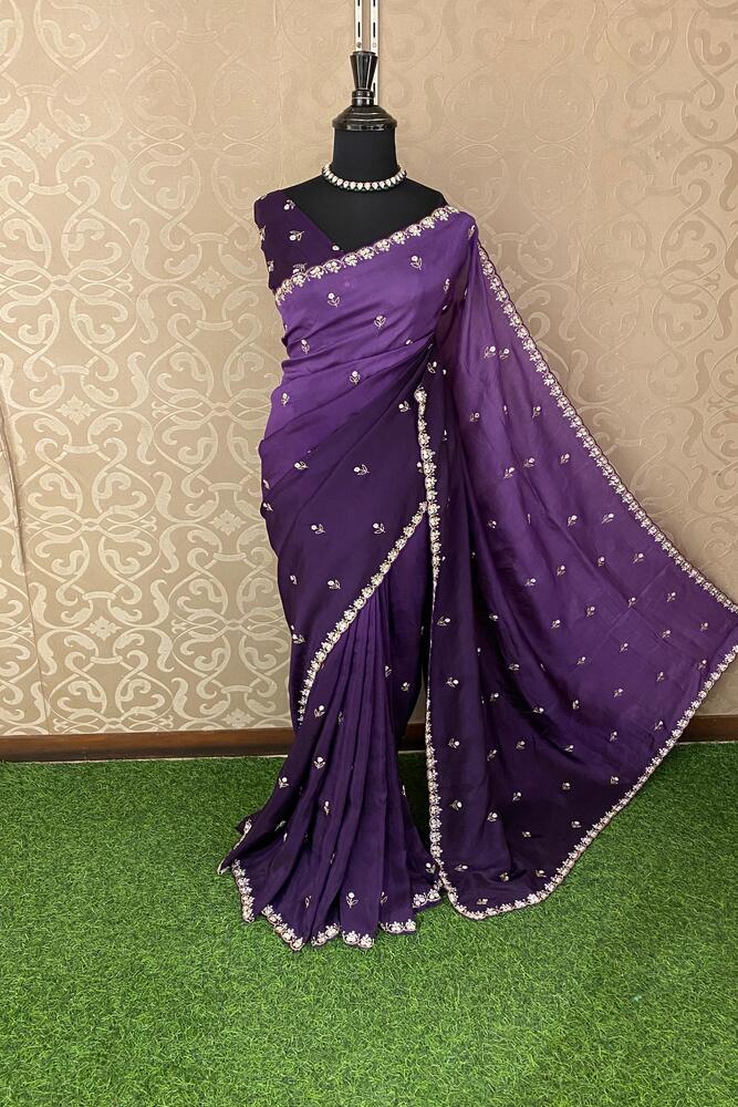 Violet soft organza silk party wear saree with intricate embroidery and unstiched blouse from Saarang Sarees.
