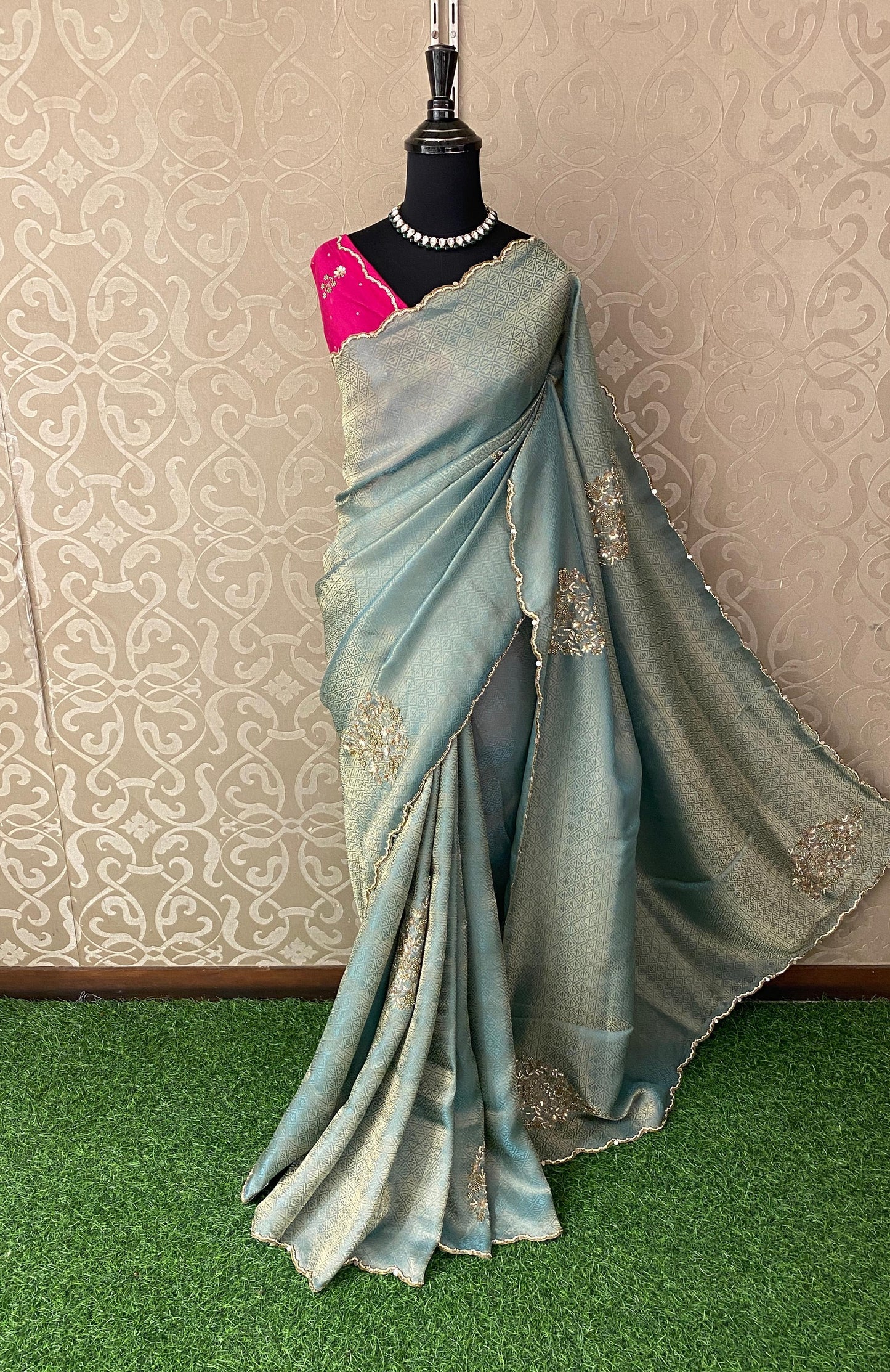 Sky Tissue Silk Embroidery Saree, With Unstiched Blouse