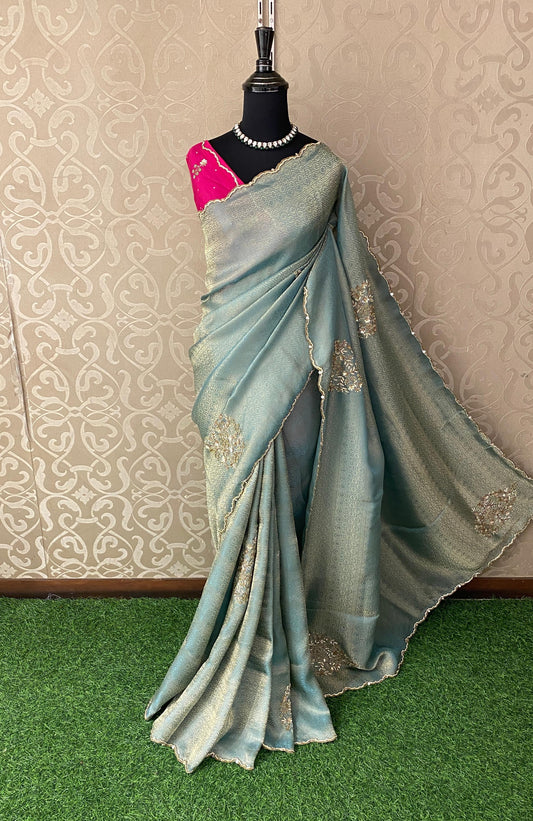 Sky Tissue Silk Embroidery Saree, With Unstiched Blouse