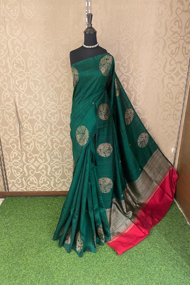 Deep Green Pure Raw Tussar Banarasi Silk Saree, Hand Woven Motifs With Unstiched Blouse