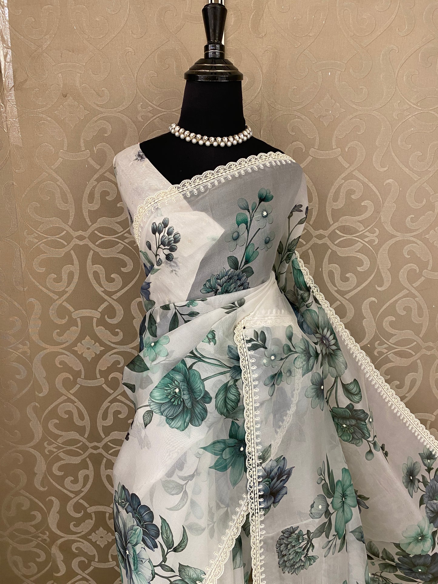 Off-White Organza Saree With Perl Work, With Unstitched Blouse