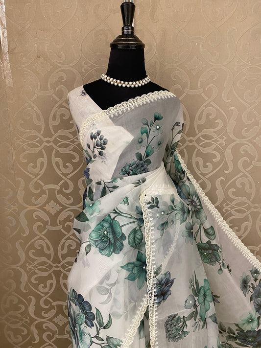 Off-White Organza Saree With Perl Work, With Unstitched Blouse