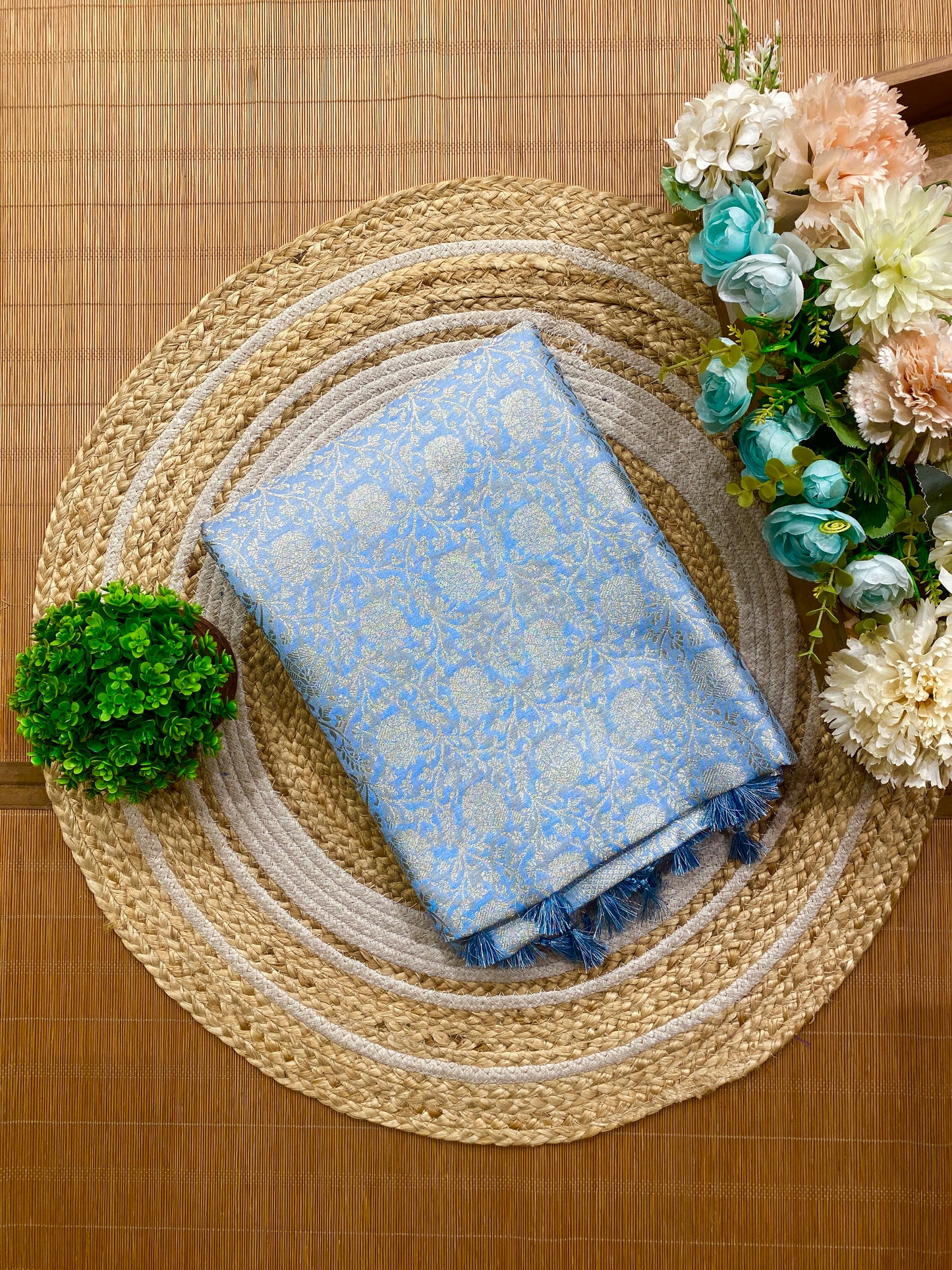 Light Blue Semi Katan Brocade Silk Saree, With Unstiched Blouse
