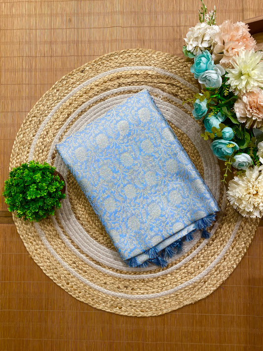 Light Blue Semi Katan Brocade Silk Saree, With Unstiched Blouse