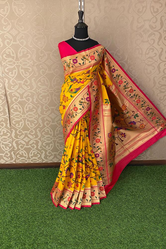 Mustard yellow and purple Paithani silk saree with intricate traditional designs and unstiched blouse from Saarang Sarees.