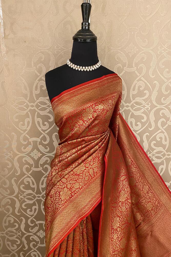 Red Brocade Kora Banarasi Silk Saree, With Unstiched Blouse
