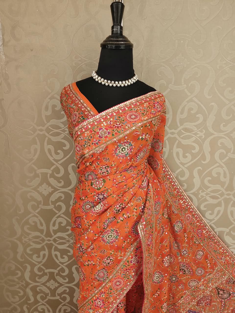 Orange Crepe Printed Stone Work Saree, With Unstiched Blouse